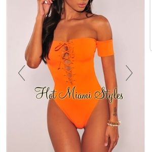 Tangerine Off Shoulder Lace Up Swimsuit